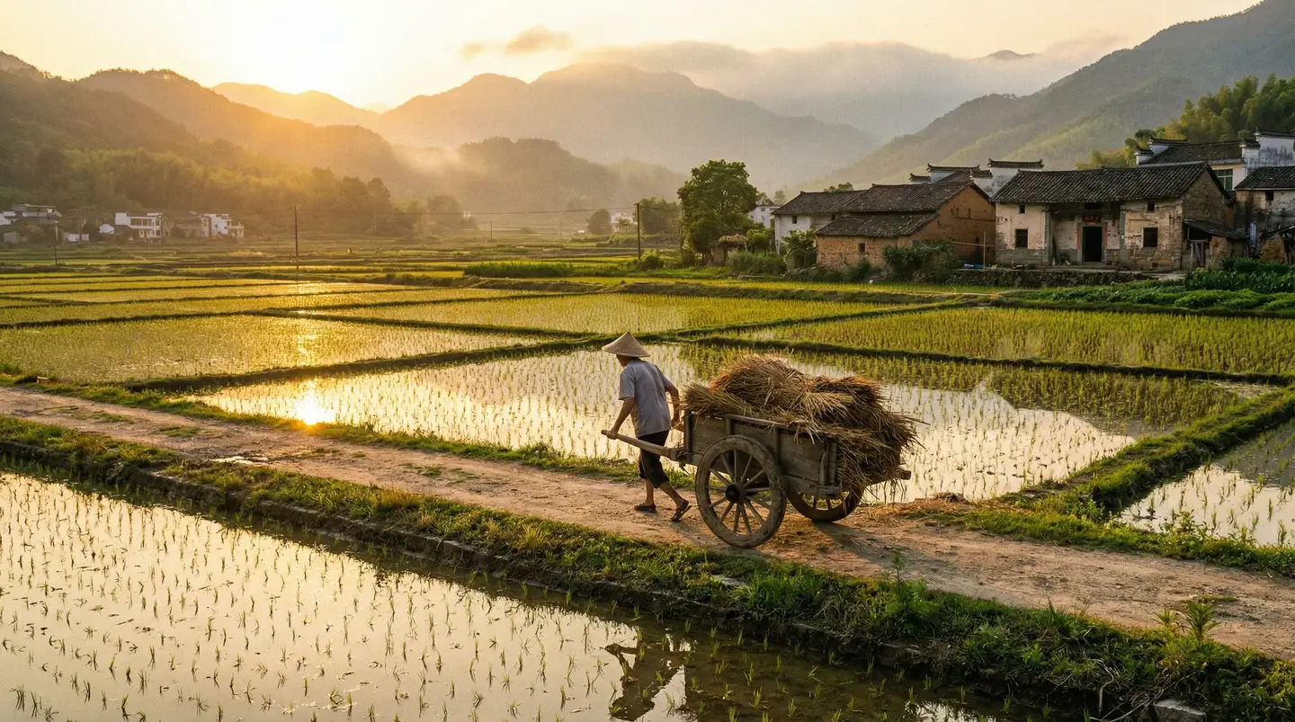 龙凤茶楼网站 - 金色夕阳下的乡村田野，老农推着木车行走在田埂上